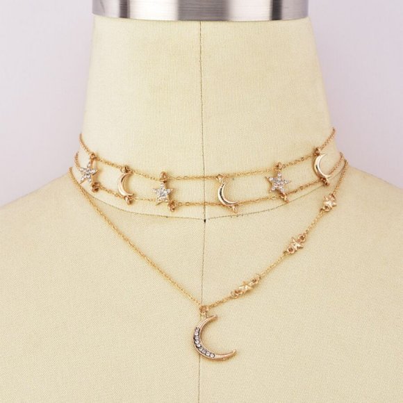 Gold Crescent Moon Star Choker Necklace - Picture 4 of 7